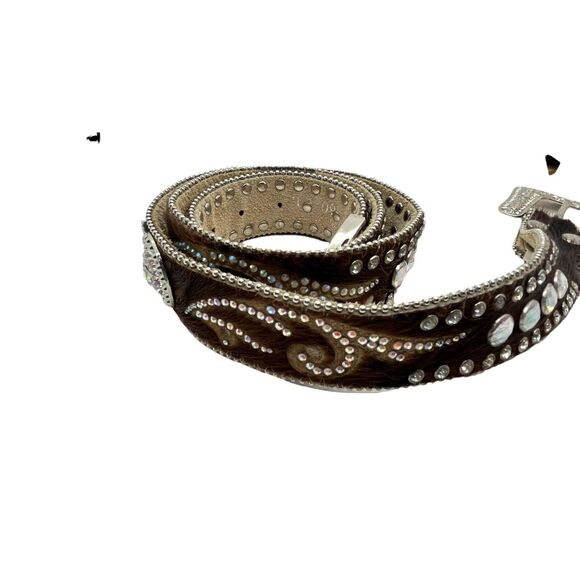 Western Cowgirl Belt Womens Brown Pony Calf Hair Leather Rhinestone Studded main image 15